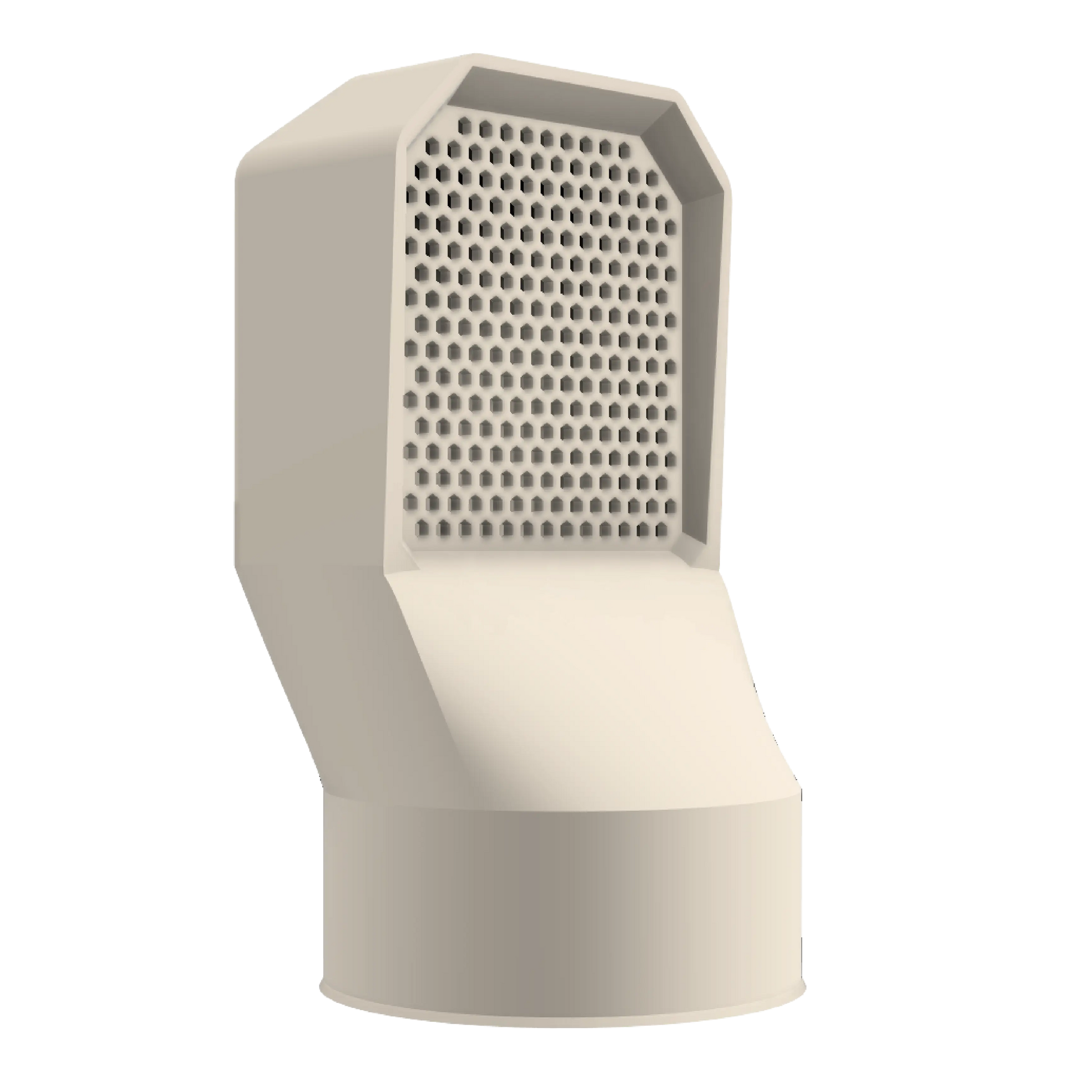 Grille d'aération Ø 100 mm couleur beige en vue 3/4, montrant le design du produit et l'épaisseur de sa structure