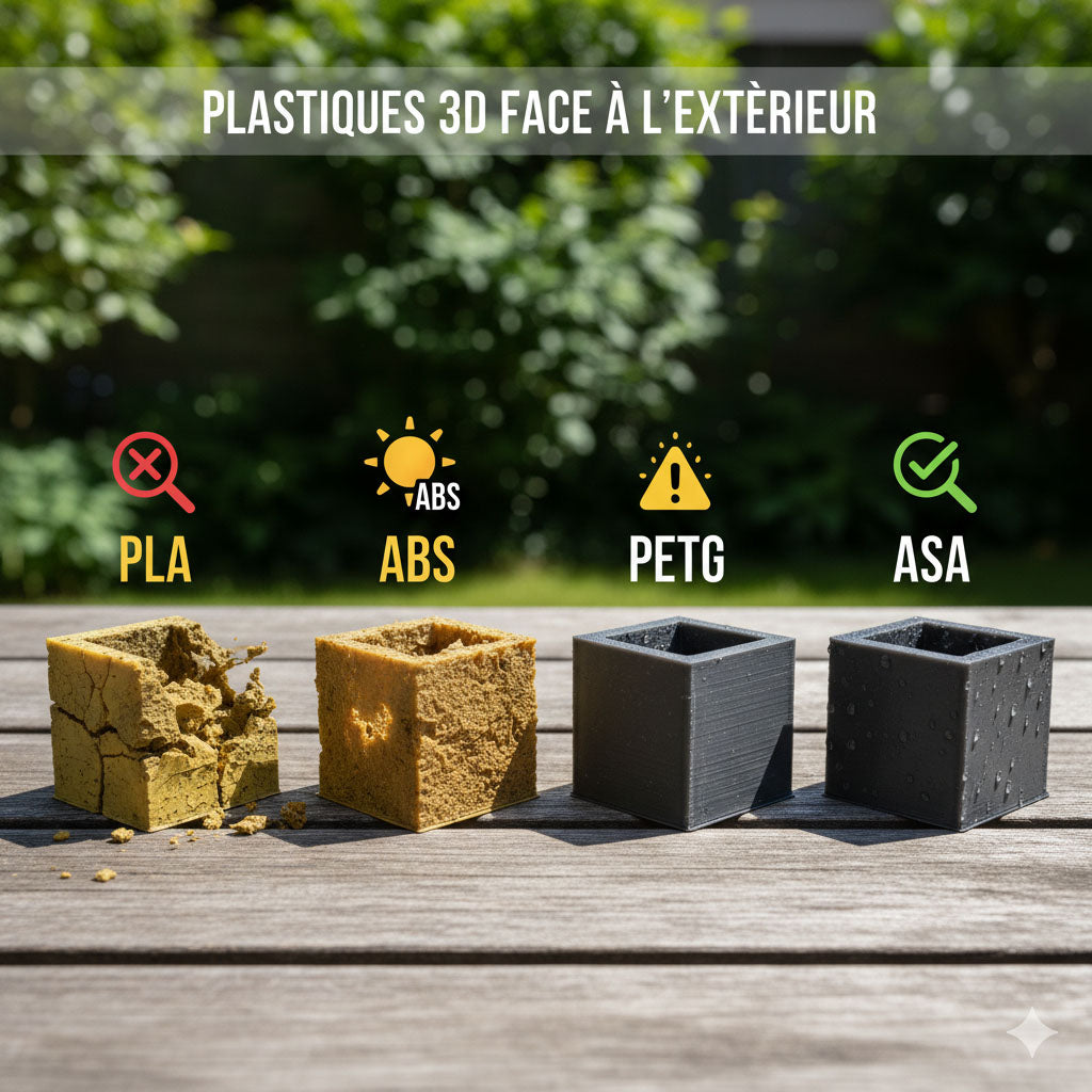 PETG, ASA, ABS, PLA : Quel matériau choisir pour vos pièces 3D en extérieur ?