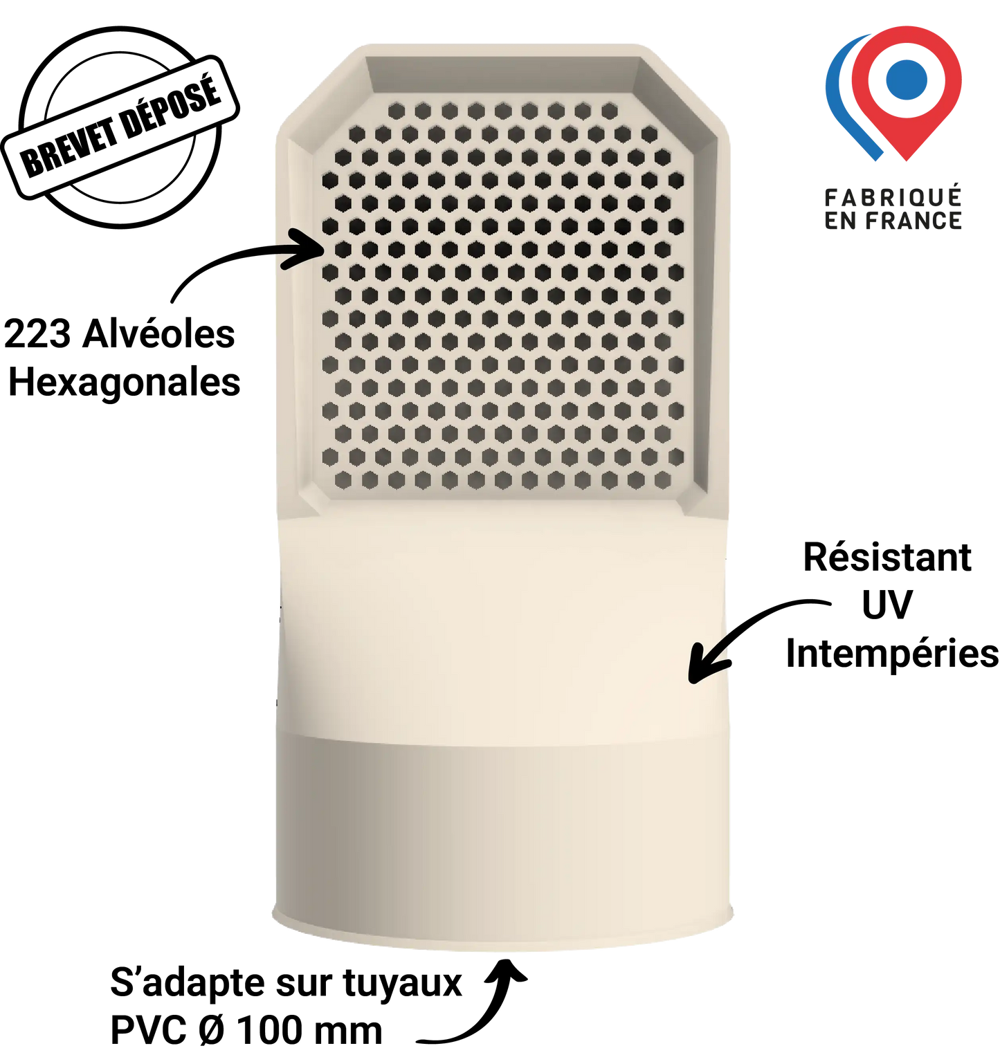 Image marketing de la grille d'aération beige mettant en avant ses caractéristiques : alvéoles, résistant aux UV, s'adapte au diametre 100mm et le logo "Brevet Déposé