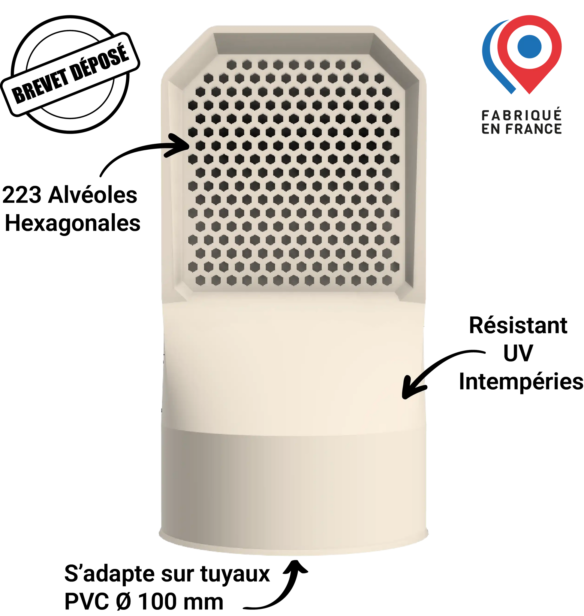 Image marketing de la grille d'aération beige mettant en avant ses caractéristiques : alvéoles, résistant aux UV, s'adapte au diametre 100mm et le logo "Brevet Déposé