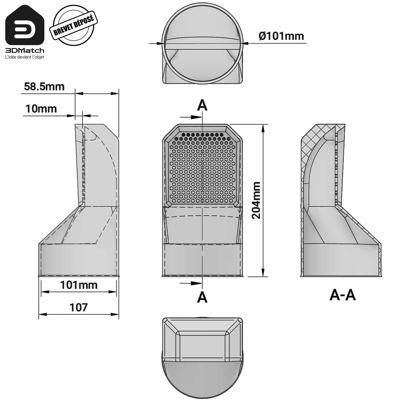 Schéma technique avec les dimensions de la grille d'aération pour un emboîtement parfait sur tuyau PVC Ø 100 mm.